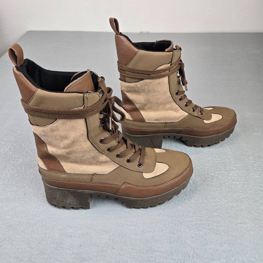 Wild Diva Combat Women Size 8.5 Brown Tan Platform Lug Sole Lace Up Ankle Boots